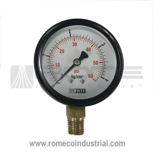MANOMETRO EN LAMINA NEGRA, CARATULA DE 63mm, RANGO:0-11Kg/cm, CONEXION INFERIOR 1/4"NPT, MCA DEWIT