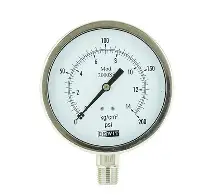 MANOMETRO EN ACERO INOXIDABLE CARATULA DE 2.5" RANGO 0 A 7 Kg/cm2, CONEXION INFERIOR DE 1/4"NPT, SIN GLICERINA, MCA DEWIT