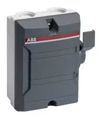 SECCIONADOR EN GABINETE TERMOPLÁSTICO CON MANIJA COLOR GRIS, IP65, MAX 400VAC, 2X25A, 2 POLOS,  MCA ABB