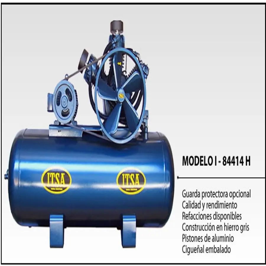 COMPRESOR DE AIRE CON MOTOR DE 10HP TRIFÁSICO DESPLAZAMIENTO DE 44 PCM ENTREGA EFECTIVA DE AIRE DE 33.0 PCM EQUIPADO CON TANQUE DE 500 LITROS HORIZONTAL PARA TRABAJAR A UNA PRESIÓN MÁXIMA DE  175 PSI, CON GUARDABANDA. MCA ITSA
