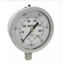 MANÓMETRO EN ACERO INOXIDABLE CARTULA DE 2.5", LLENO DE GLICERINA, RANGO DE 0-7Kg/cm2 (0-100PSI), CONEXIÓN INFERIOR DE 1/4NPT, MCA METRON