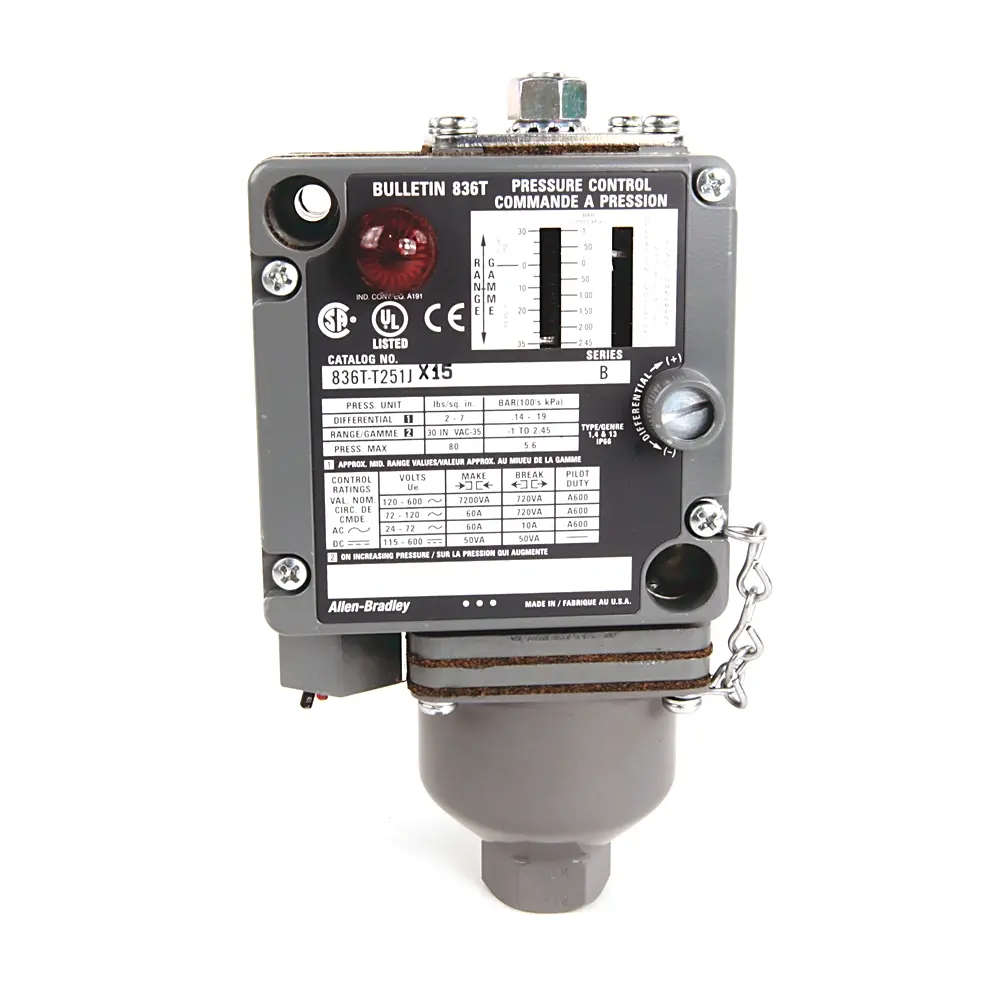 INTERRUPTOR DE CTRL. DE PRESIÓN, RANGO DE OPERACIÓN DE 40 A 450PSI, DIFEENCIAL AJUSTABLE DE 20 A 90PSI, PRESION DE LINEA 1200PSI, MCA ALLEN BRADLEY 