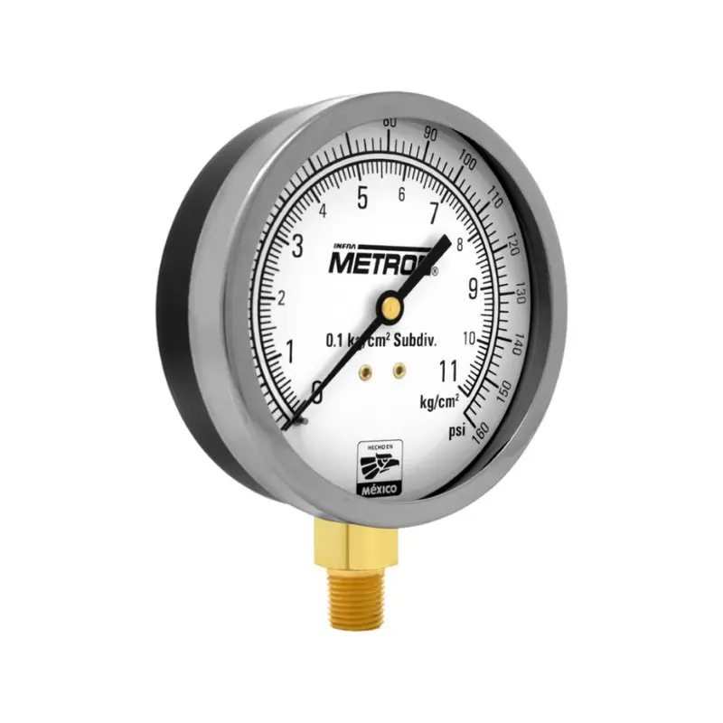 MANOMETRO EN ACERO AL CARBÓN, CARATULA 3.5", CONEXIÓN INFERIOR 1/4"NPT, RANGO 0-14Kg/cm, MCA METRON