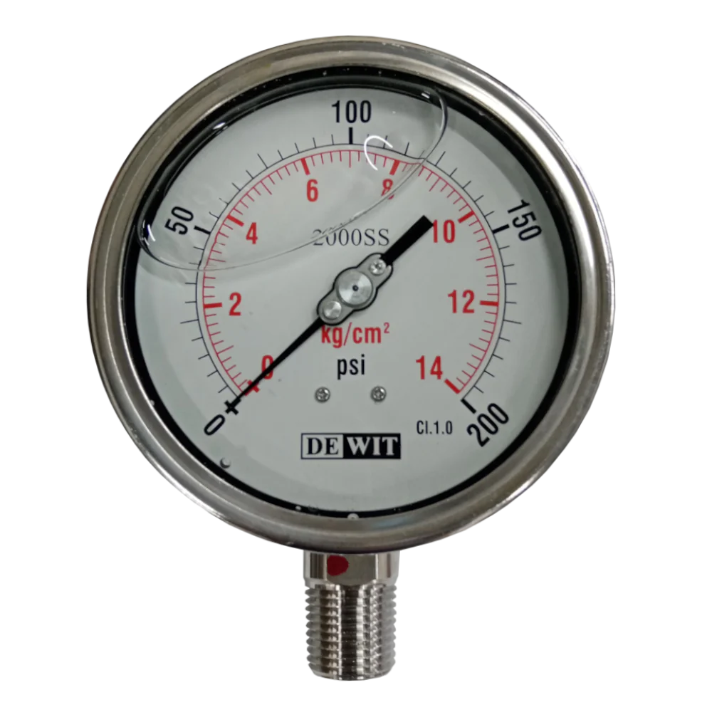 MANOMETRO TOTALMENTE EN CERO INOXIDABLE, LLENO DE GLICERINA, RANGO 0-14Kg/cm, CARATULA 4", CONEXIÓN INFERIOR DE 1/4", MCA DEWIT
