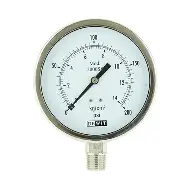 MANÓMETRO EN ACERO INOXIDABLE CARATULA DE 63mm, CONEXIÓN INFERIOR DE 1/4"NPT, RANGO 0-14Kg/cm2 (ESCALA DUAL), SECO CON CRISTAL INASTILLABLE, MCA DEWIT