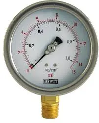MANOMETRO EN ACERO INOXIDABLE, CARATULA 4"(100mm), CONEXIÓN INFERIOR 1/4", RANGO 0-14Kg/cm, MCA DEWIT