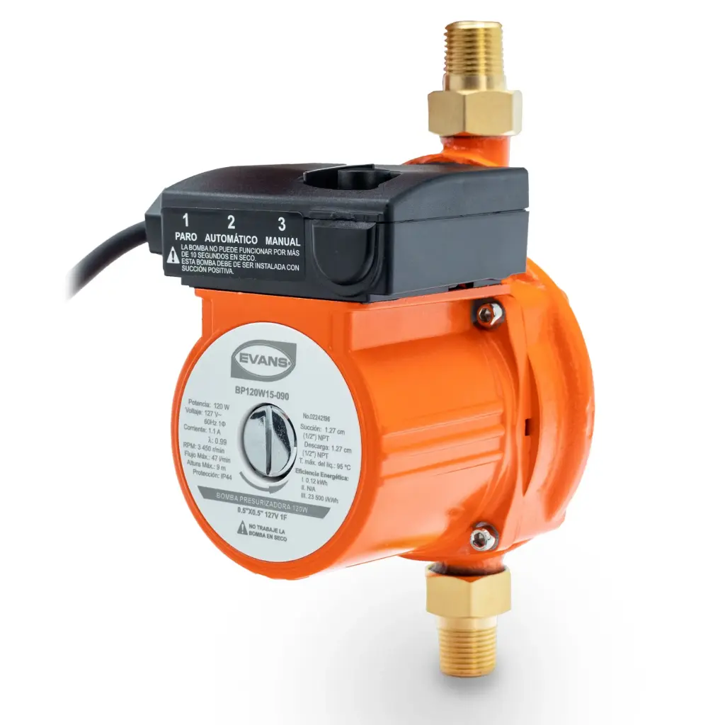 BOMBA PRESURIZADORA DE 120 WATT 0.16 HP 3450 RPM AUTOMATIZA HASTA 2 SERVICIOS 127V 11AMP MCA EVANS