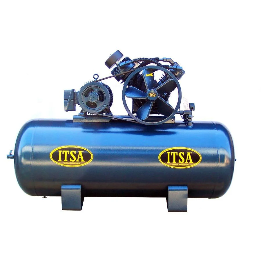 COMPRESOR DE AIRE CON MOTOR DE 7.5 HP TRIFÁSICO CON DESPLAZAMIENTO DE 26 PCM ENTREGA EFECTIVA DE AIRE DE 19.5  PCM EQUIPADO CON TANQUE DE 120 GALONES HORIZONTAL PARA TRABAJAR A UNA  PRESIÓN MÁXIMA DE 175 PSI, CON GUARDABANDA MCA ITSA