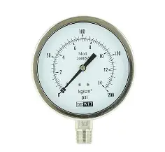 MANOMETRO TOTALMENTE EN ACERO INOXIDABLE CARTULA DE 2.5"(63mm), SECO, CONEXIÓN INFERIOR DE 1/4"NPT, RANGO 0-4Kg/cm, MCA DEWIT