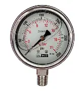 MANOMETRO EN ACERO INOXIDABLE CARATULA DE 63mm(2.5"), CONEXIÓN INFERIOR DE 1/4"NPT, RANGO 0-21 Kg/cm, LLENO DE GLICERINA, MCA DEWIT
