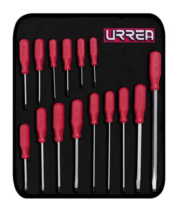 JUEGO DE 15 DESTORNILLADORES CON MANGO ROJO, COMBINADOS MCA URREA