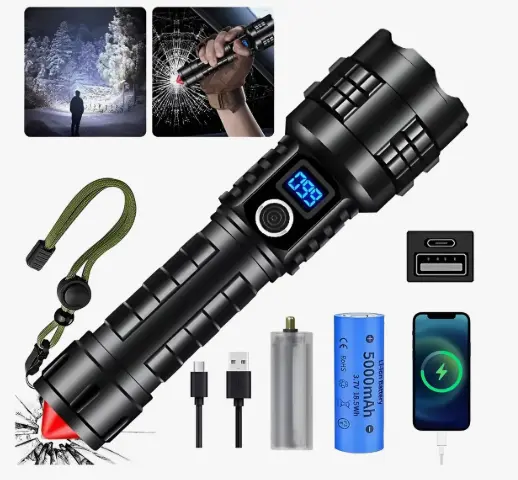 LÁMPARA TÁCTICA ULTRA POTENTE 500000LM C MARTILLO EMERGENCIA MCA ZHEQIAONA.MX