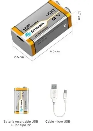 STEREN BAT-LI-9V USB BATERIA RECARGABLE USB LI-ION TIPO 9V (CUADRADA), DE 400 MAH, LIBRE DE MERCURIO Y CADMIO
