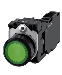 BOTON LUMINOSO, 22 MM, REDONDO, PLÁSTICO, VERDE, BOTÓN, RASANTE, MOMENTÁNEO, CON SOPORTE, 1 NA+1 NC, MÓDULO DE LED VERDE MCA SIEMENS