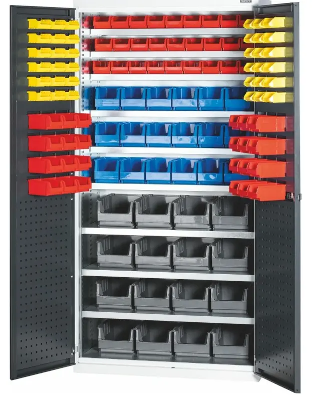 ARMARIO DE ESTANTES COMBINABLE CON PUERTAS BATIENTES DE CHAPA MACIZA EQUIPADO CON CAJAS DE ALMACENAMIENTO ALTURA MCA GARANT