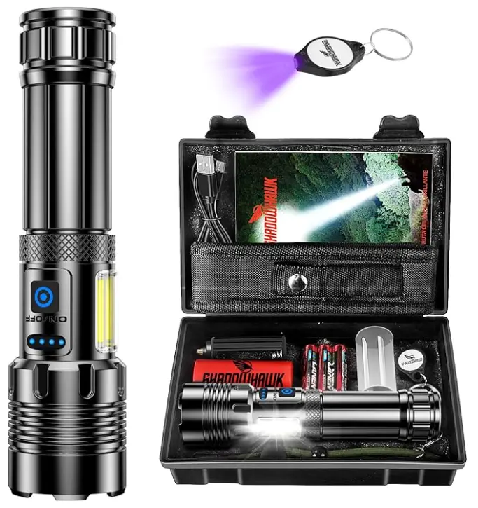 LINTERNA LED RECARGABLE, LAMPARA DE MANO 100000 LUMENS XHM90.2 LINTERNAS LED RECARGABLES ALTA POTENCIA, USB POTENTE LINTERNA TACTICA, IPX67 IMPERMEABLE 7 MODOS, LINTERNA DE MANO EMERGENCIA MCA SHADOWHAWK