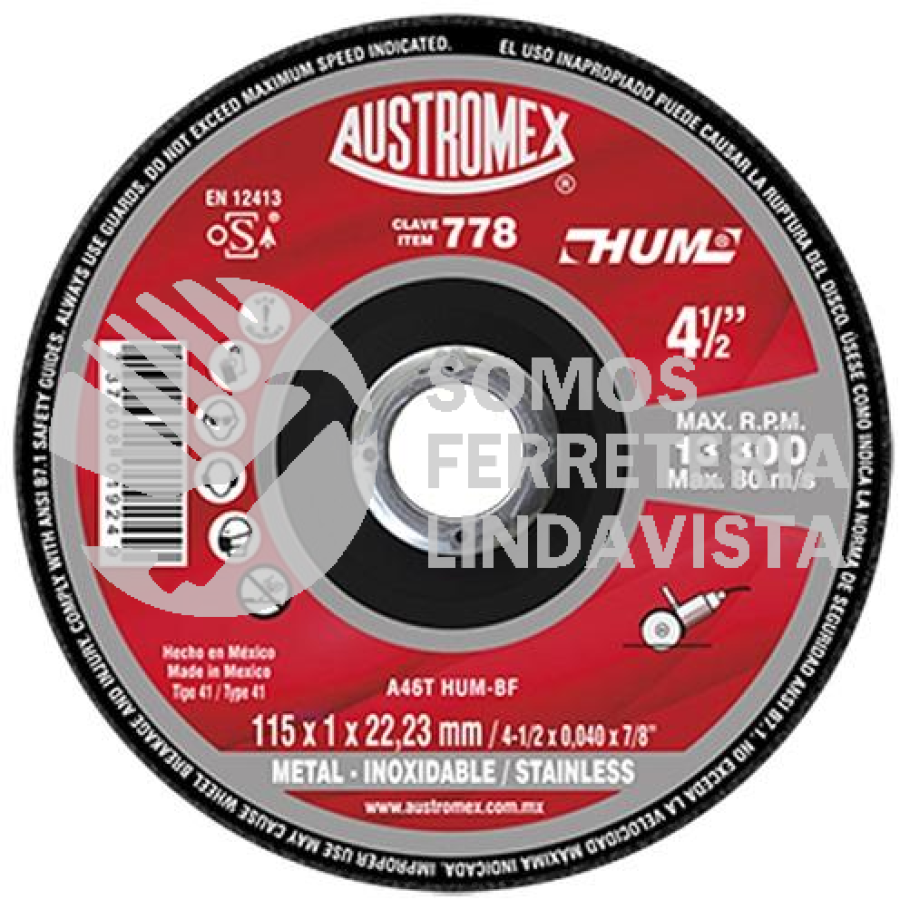 DISCO DE CORTE PLANO SUPER DELGADO PARA METAL 7.89 157.80 HUM TIPO 41 GRANO 46 (4-1/2"X3/64"X7/8") AUSTROMEX