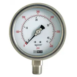 MANÓMETRO TOTALMENTE EN ACERO INOXIDABLE CARATULA DE 4", CONEXIÓN INFERIOR DE 1/4"NPT, RANGO 0-600PSI (0-42KG/CM), MCA DEWIT