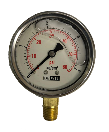 CARÁTULA DE 2 ½", LÍNEA ECONÓMICA, USOS GENERALES, NO RECALIBRABLE, CAJA DE ACERO INOXIDABLE E INTERNOS DE BRONCE, VENTANA DE PLÁSTICO, LLENO DE GLICERINA, CONEXIÓN INFERIOR ¼" NPT, RANGO: 0-4 KG/CM² Y 0-60 PSI MCA DEWIT
