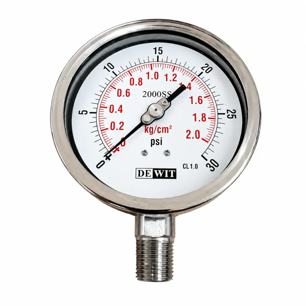 CARÁTULA DE 4", TOTALMENTE DE ACERO INOXIDABLE, SECO, CONEXIÓN INFERIOR 1/4" NPT, RANGO: 0–2 KG/CM² Y 0–30 PSI MCA DEWIT