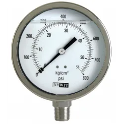 CARÁTULA DE 4” TOTALMENTE DE ACERO INOXIDABLE LLENO DE GLICERINA CONEXIÓN INFERIOR ½” NPT RANGO: -76 CMHG Y -30 INHG MCA DEWIT