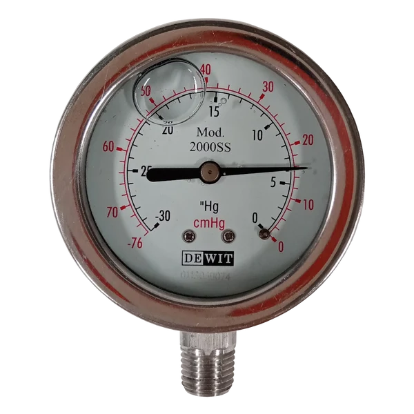 CARÁTULA DE 4” TOTALMENTE DE ACERO INOXIDABLE LLENO DE GLICERINA CONEXIÓN INFERIOR 1/4” NPT RANGO: -76 CMHG Y -30 INHG MCA DEWIT
