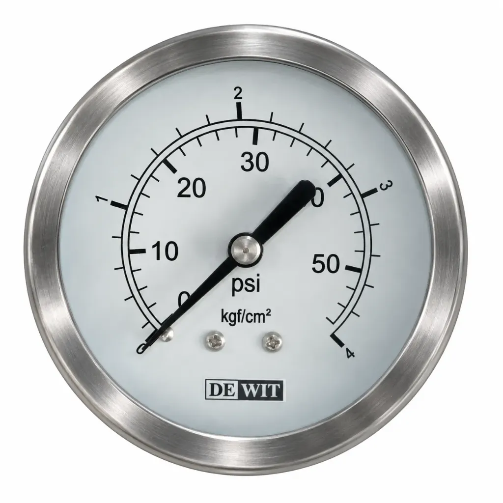 MANÓMETRO DE 4" TOTALMENTE DE ACERO INOXIDABLE SECO CONEXIÓN INFERIOR 1/4" NPT RANGO 0-4 KG/CM2 Y 0-60 PSI MCA DEWIT