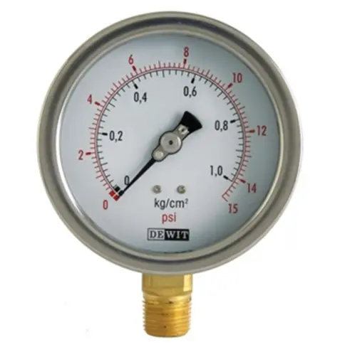 [2000CB/63/11] MANOMETRO CAJA DE ACERO INOX CON INTERNOS DE BRONCE CONEXIÓN INFERIOR DE BRONCE ¼” NPT CARATULA DE 2.5” SECO RANGO 0-11 KG/CM2 ESCALA DUAL 0-160 PSI, MCA DEWIT