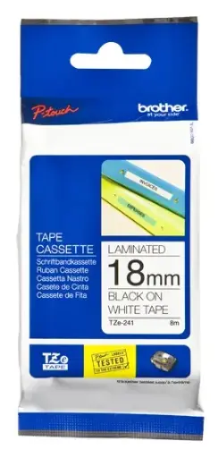 [TZE-241] CINTA LAMINADA NEGRO SOBRE BLANCO 18mm X 8m, MCA BROTHER