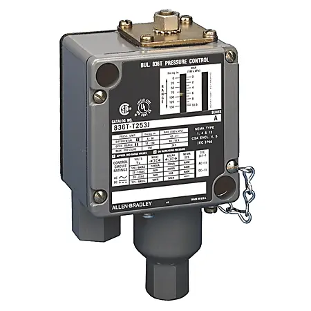 [836T-T260J] INTERRUPTOR DE PRESIÓN DE USO INDUSTRIAL CON INTERNOS EN ACERO INOXIDABLE, SALIDA SPDT, RANGO 2-7 PSI, CONEXIÓN 1/4"NPT, MCA ALLEN BRADLEY