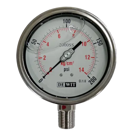 [2000SSV/100/14-1/4] MANOMETRO TOTALMENTE EN CERO INOXIDABLE, LLENO DE GLICERINA, RANGO 0-14Kg/cm, CARATULA 4", CONEXIÓN INFERIOR DE 1/4", MCA DEWIT