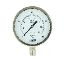 [2000SS/100/400 BAR + LO-100 mm] INDICADOR DE PRESIÓN CARATULA DE 4", ACERO INOXIDABLE, SECO, USO OXIGENO, CONEXIÓN INF. 1/2" NPT, 0-400BAR, 0-6000PSI MCA DEWIT 