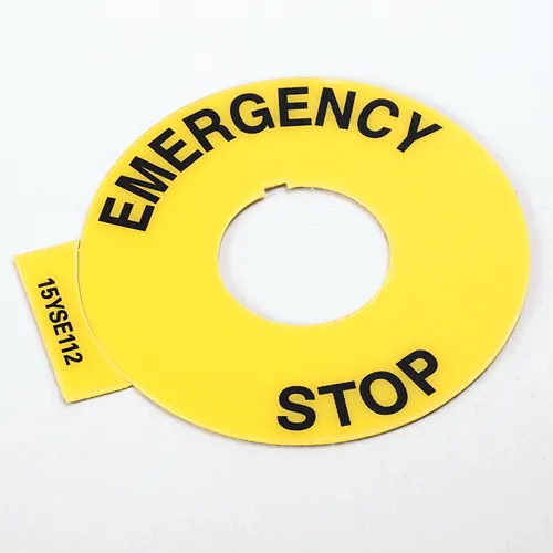 [800F-15YSE112] PLACA LEYENDA REDONDA 60 MM EMERGENCY STOP AMARILLO CON TEXTO NEGRO MCA ALLEN BRADLEY 