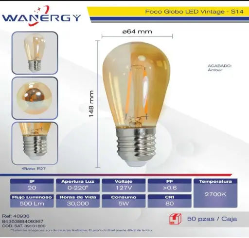 [VINTAGE-S14] FOCO GLOBO LED VINTAGE IP20 127V 5W 500LM 30,000Hr MCA WANERGY
