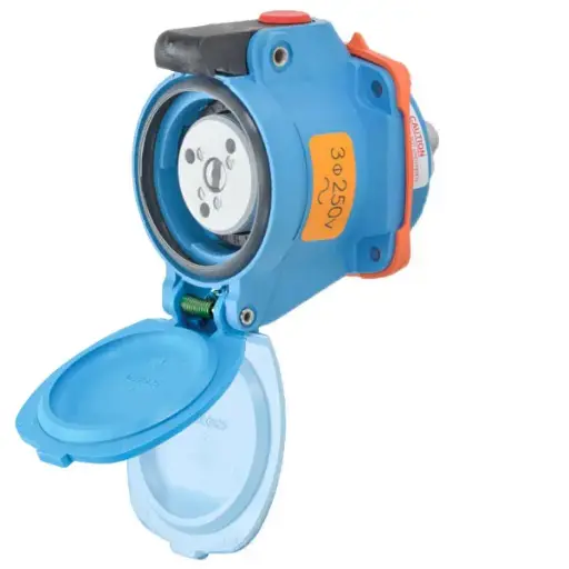 [63-14073-843] TOMA CORRIENTE 20A, 3 HILOS+TIERRA 60HZ CON ORIFICIO PARA PERNO MCA MELTRIC